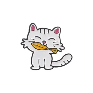 Cat With Fish Enamel Pin Badge
