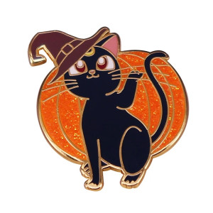 Witch Cat and Pumpkin Enamel Pin Badge