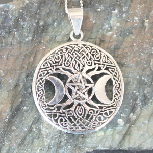 Sterling Silver Triple Moon And Pentagram Tree of Life Necklace