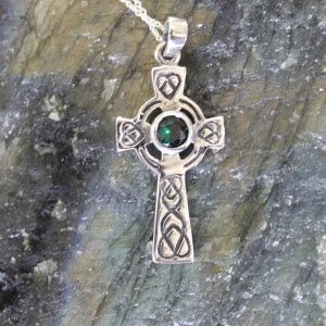 Sterling Silver Celtic Cross Necklace with Green Gemstone