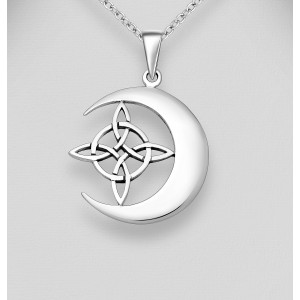 Crescent Moon With Witch's Knot Symbol Necklace In Sterling Silver