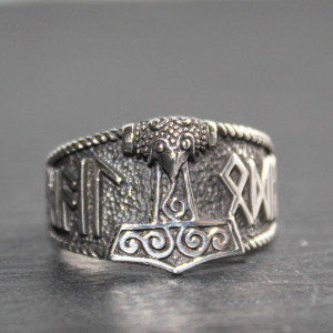 Sterling Silver Thor's Hammer Ring With Runes Size P