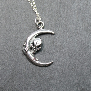 Skull And Moon Necklace In Sterling Silver