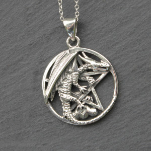 Dragon And Pentacle Necklace In Sterling Silver by Peter Stone