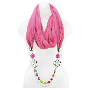 Pink Lightweight Scarf With Flower Charms and Beads
