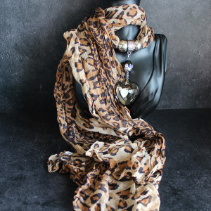 Leopard Print Chiffon Scarf With Heart Pendant