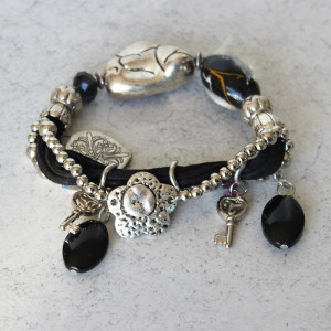 Black Cord and Silver Charms Stretch Bracelet