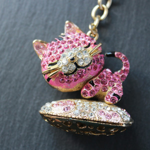 Pink Jewelled Cat Keyring or Bag Charm