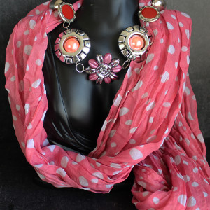 Dotty Watermelon and White Lightweight Scarf with Beads