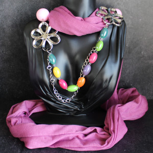 Purple Lightweight Scarf With Flower Charms and Beads