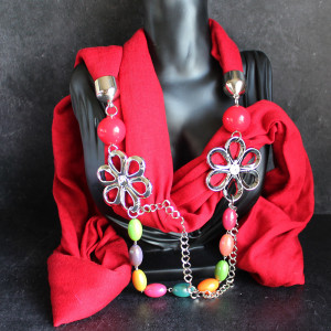 Red Lightweight Scarf With Flower Charms and Beads