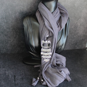 Owl Pendant Scarf In Grey