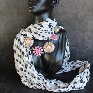 Dotty Black and White Lightweight Scarf with Beads