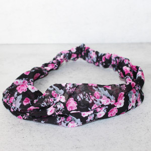 Pink Rose On Black Chiffon Headband