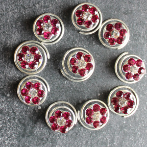 Set of 10 Ruby Coloured Crystal Flower Hair Coils