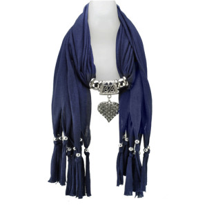 Diamante Heart Pendant Scarf In Dark Blue